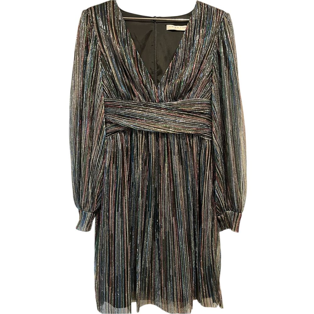 Trina Turk Metallic Pleated Dress Long Sleeve Rainbow Stripe Cocktail Dress S